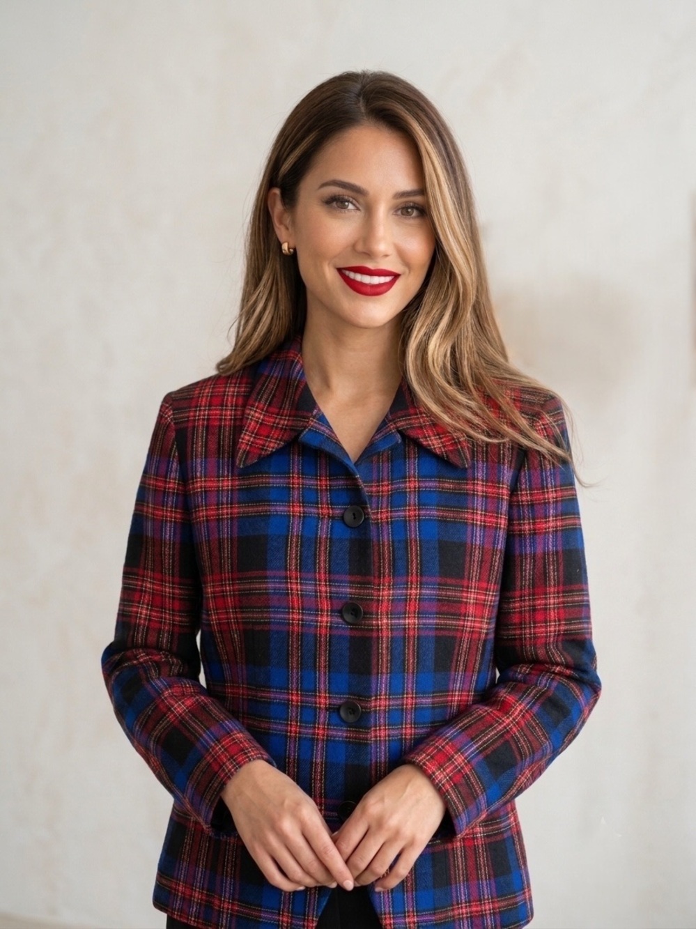 PENDLETON Vintage 100% Virgin Wool Red Blue Tartan Plaid Blazer Jacket Size 14 - Picture 2 of 9